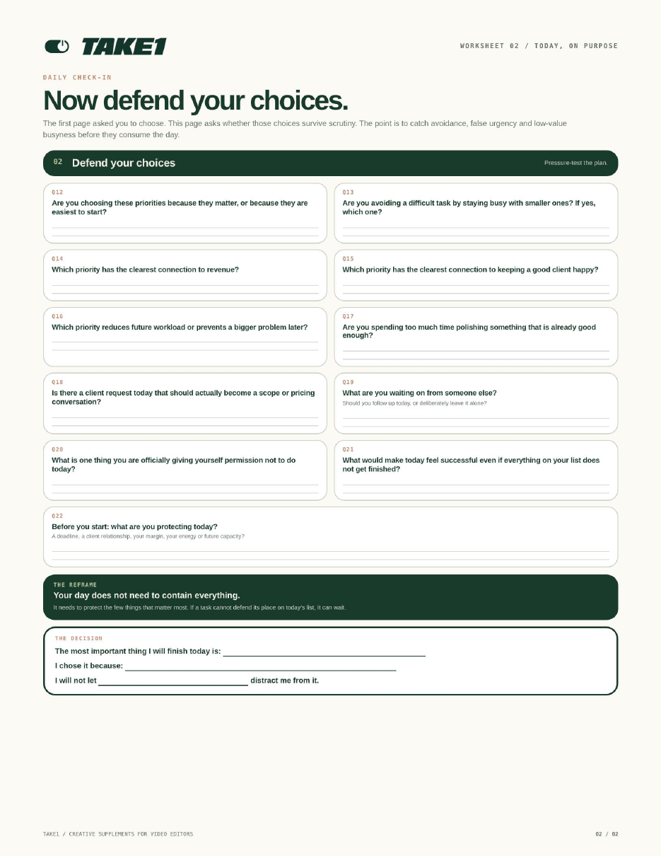 Daily Priorities Worksheet: Defend your choices