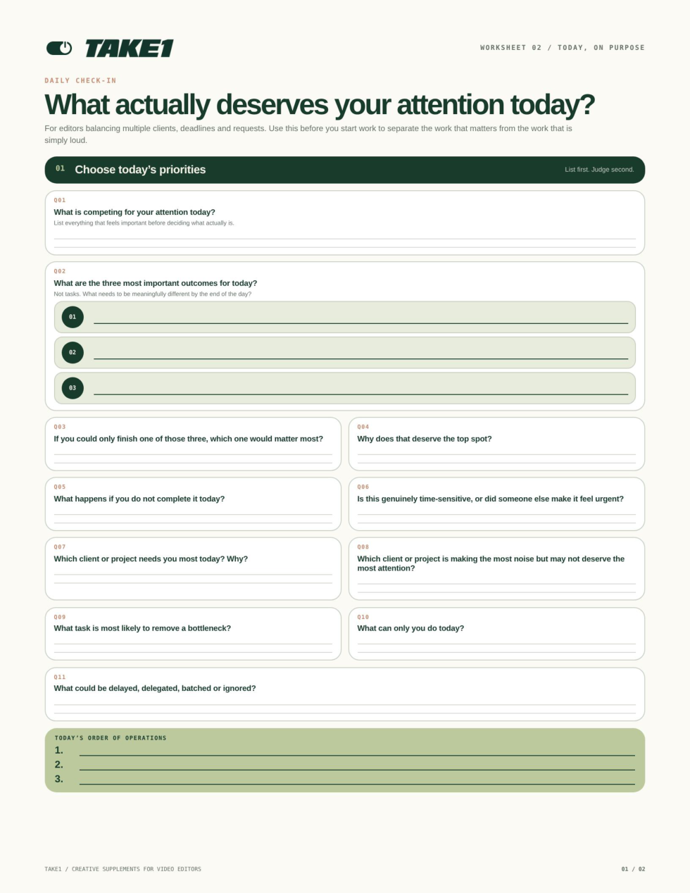 Daily Priorities Worksheet questions for choosing what deserves your attention