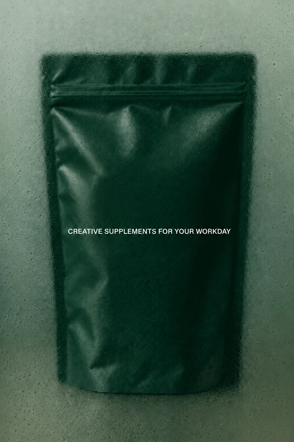 White TAKE1 logo and Creative supplements for your workday tagline over a dark green pouch behind frosted glass.
